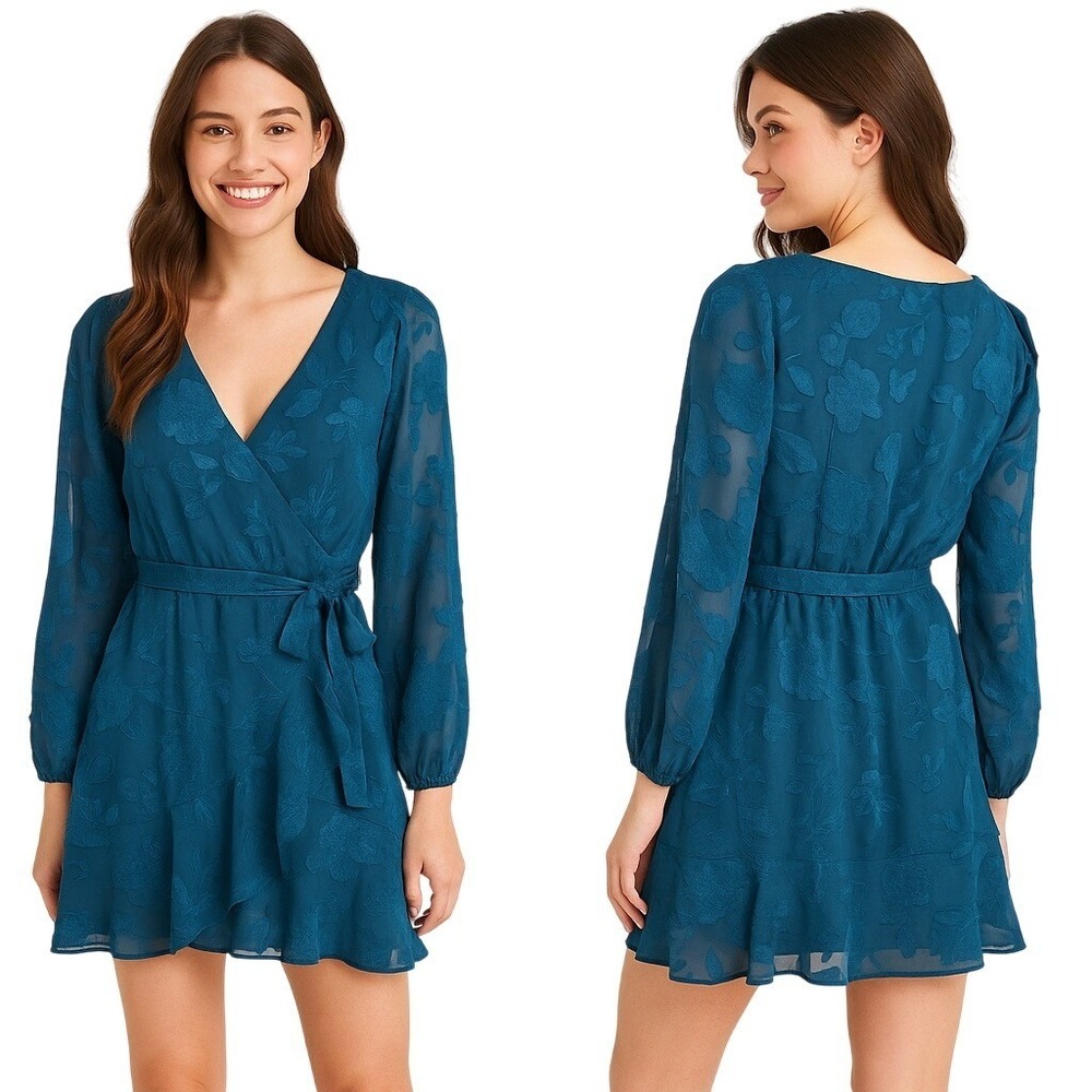 BCX Dress S Dark Teal Fit Flare Sheer Sleeve Ruffle Belted Feminine Trendy NEW